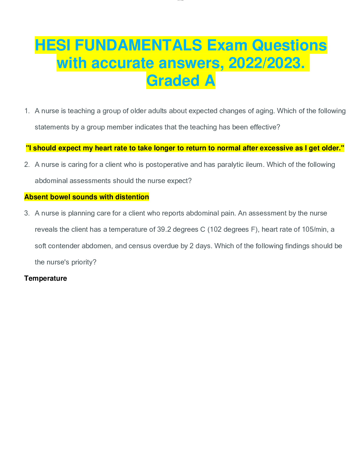 Preview image for HESI FUNDAMENTALS Exam Questions with accurate answers, 2022/2023. Graded A